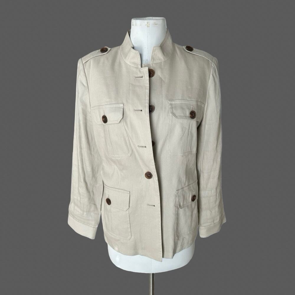 Preston & York Linen Blend Utility Safari Blazer Jacket Women’s 12 Beige Preppy
